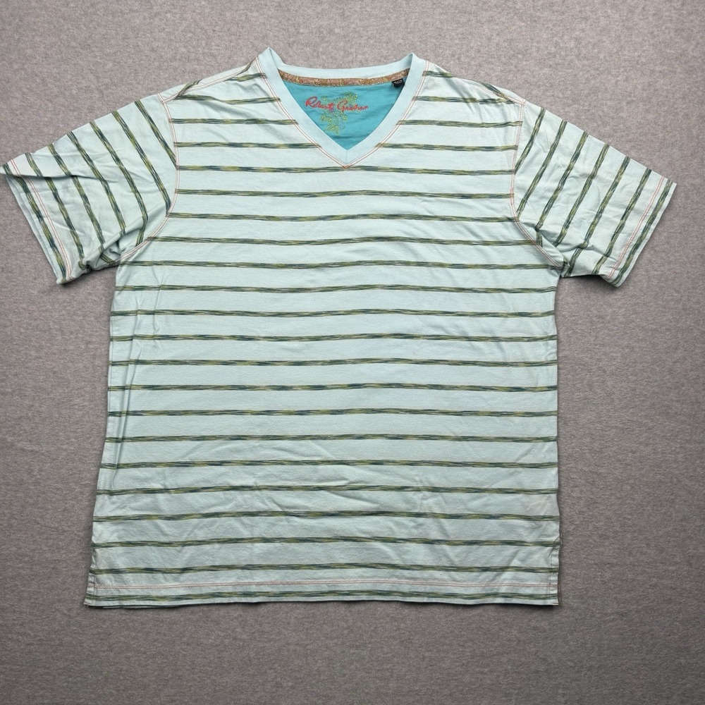Robert Graham Shirt Adult XL Blue Striped V Neck Short Sleeve Mens Casual Gym